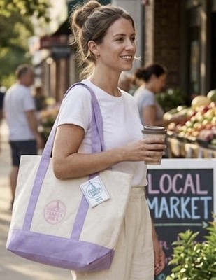NWT~Trader Joe s~Large Pastel Canvas Tote Bag~Purple Lavender~Shopping~Beach