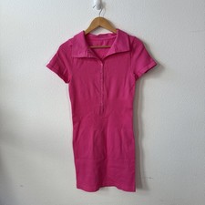 OQQ Women's XL Ribbed Polo Dress Short Sleeve V Neck Bodycon Bright Pink Sexy