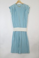 Vintage Dress SOLO UK 12 Aqua Blue Pin Stripe Sleeveless Long Shift