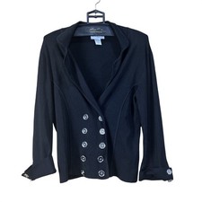 Vintage Spiegel Ribbed Knit Silver Button Blazer Women L Black Double Breasted