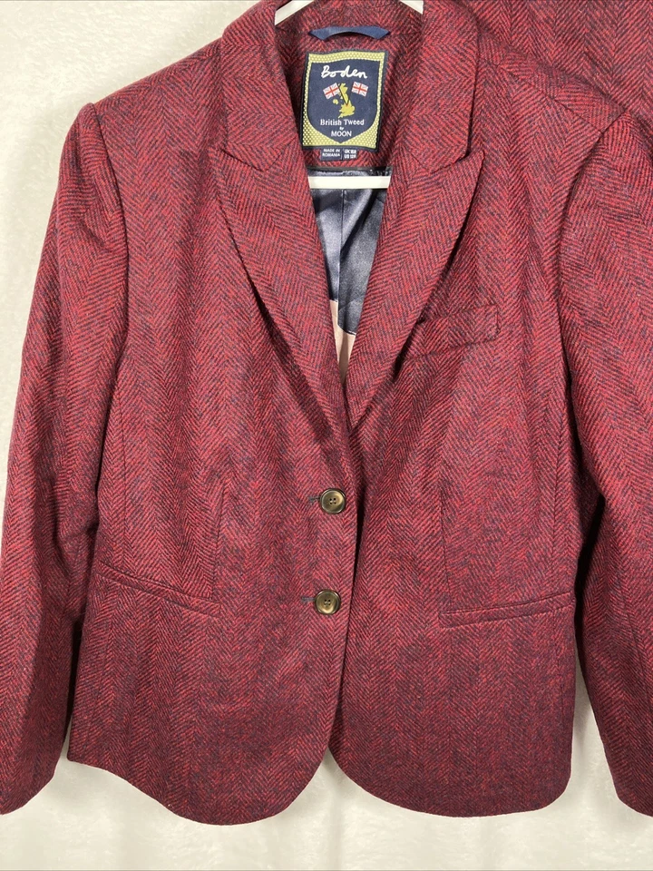 Conjunto Blazer Falda Traje Lana Tweed Británico Boden Talla 16 Rojo Espiga Vacaciones Foto 2 de 4