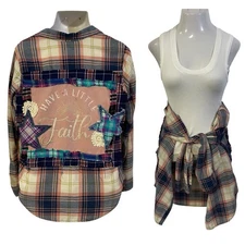 Upcycled Flannel Shirt Shacket Womens Medium Faith Christian Grunge Patchwork