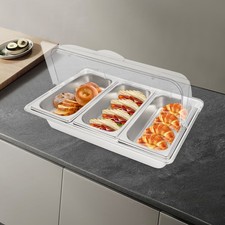 Food Serving Display Container With Clear Roll Top Cover 3-Compartment Server