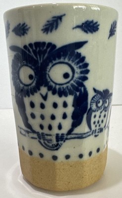 Japanese Yunomi Tea Cup Owl Blue Cream Mino Ware Fukuro Ceramic Cup