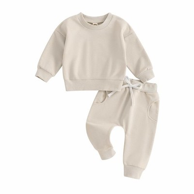 Baby Boys Girl Solid Outfit Long Sleeve Crewneck Oversized Sweatshirt Sweatpa...