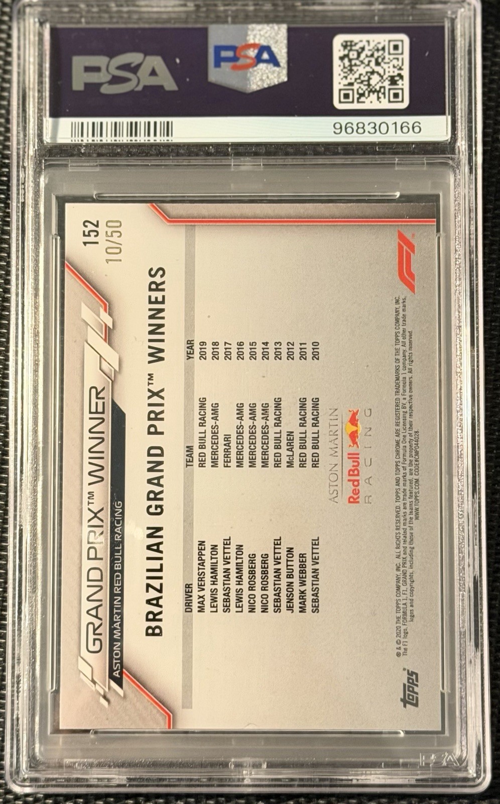 2020 Topps Chrome Max Verstappen #152 Gold Refractor 10/50 PSA 8 view 2