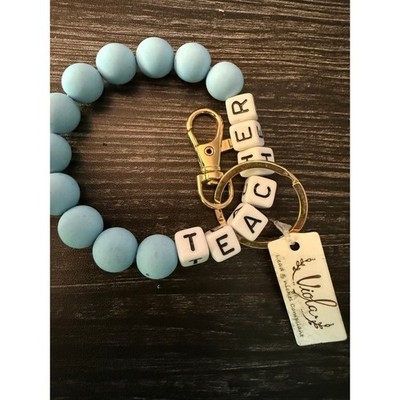 NWT Light Blue Silicone Beaded Wristlet Keychain ''TEACHER''