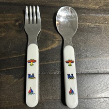 Vintage Toddler Fork Spoon Set Stainless Taiwan Plane Train Boat Design
