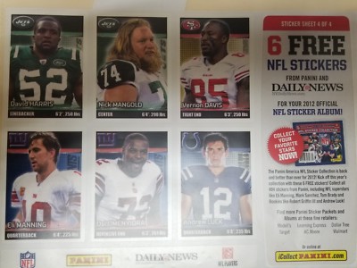 2012 NFL PANINI STICKERS (6) - E. MANNING / D. HARRIS / N. MANGOLD / V. DAVIS