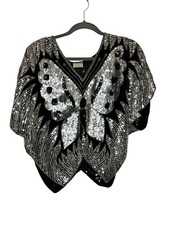 Vintage 70s Black Silk Silver Sequin Beaded Butterfly Blouse Shirt Top S Repair