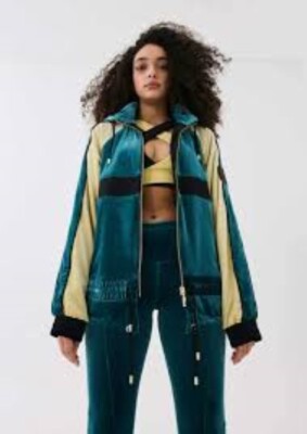 P.E NATION ''Retrospect'' women's velour hooded jacket - teal gold black - sz XS