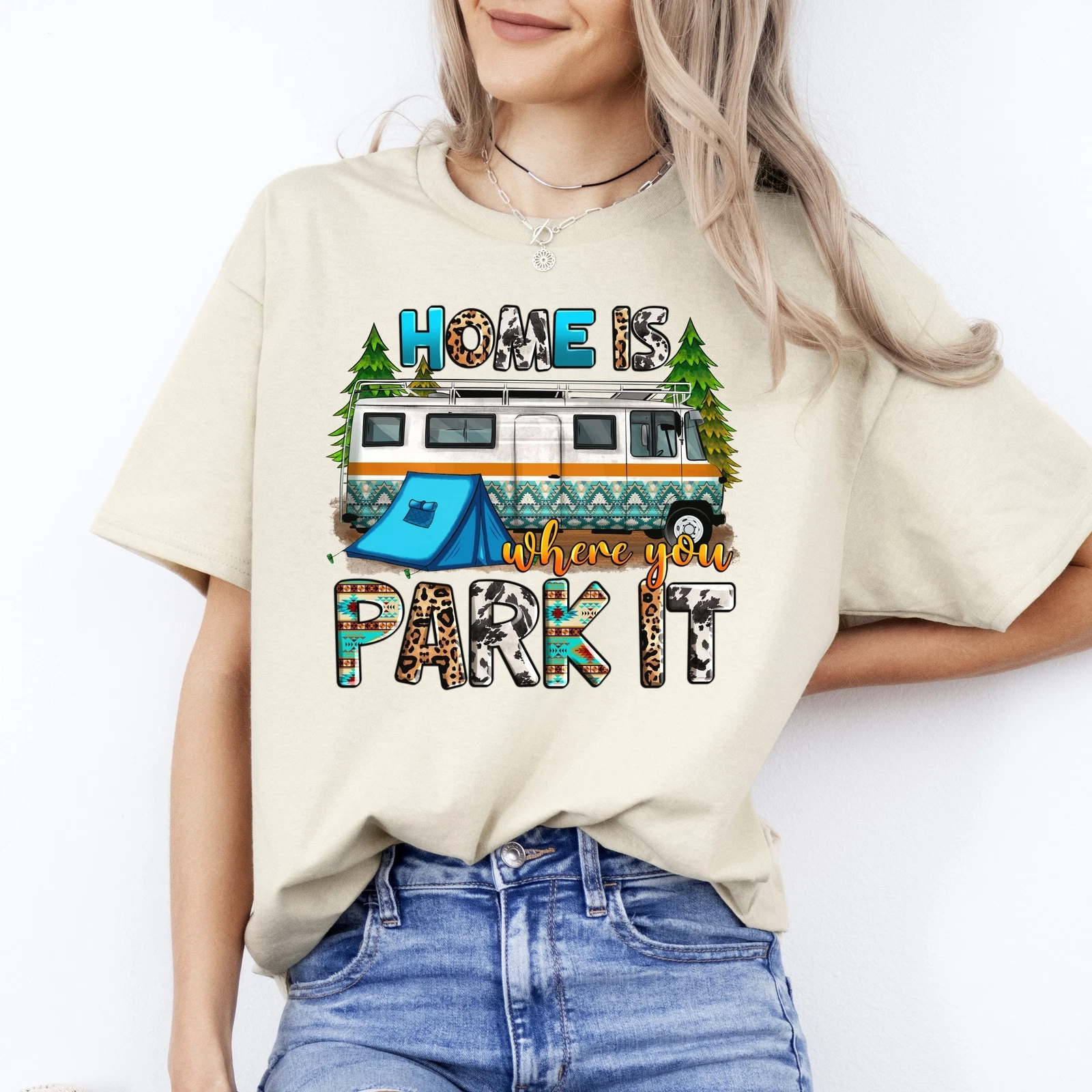 Home is where you park it T-Shirt gift Camping Caravan camper Unisex tee Sand Wh