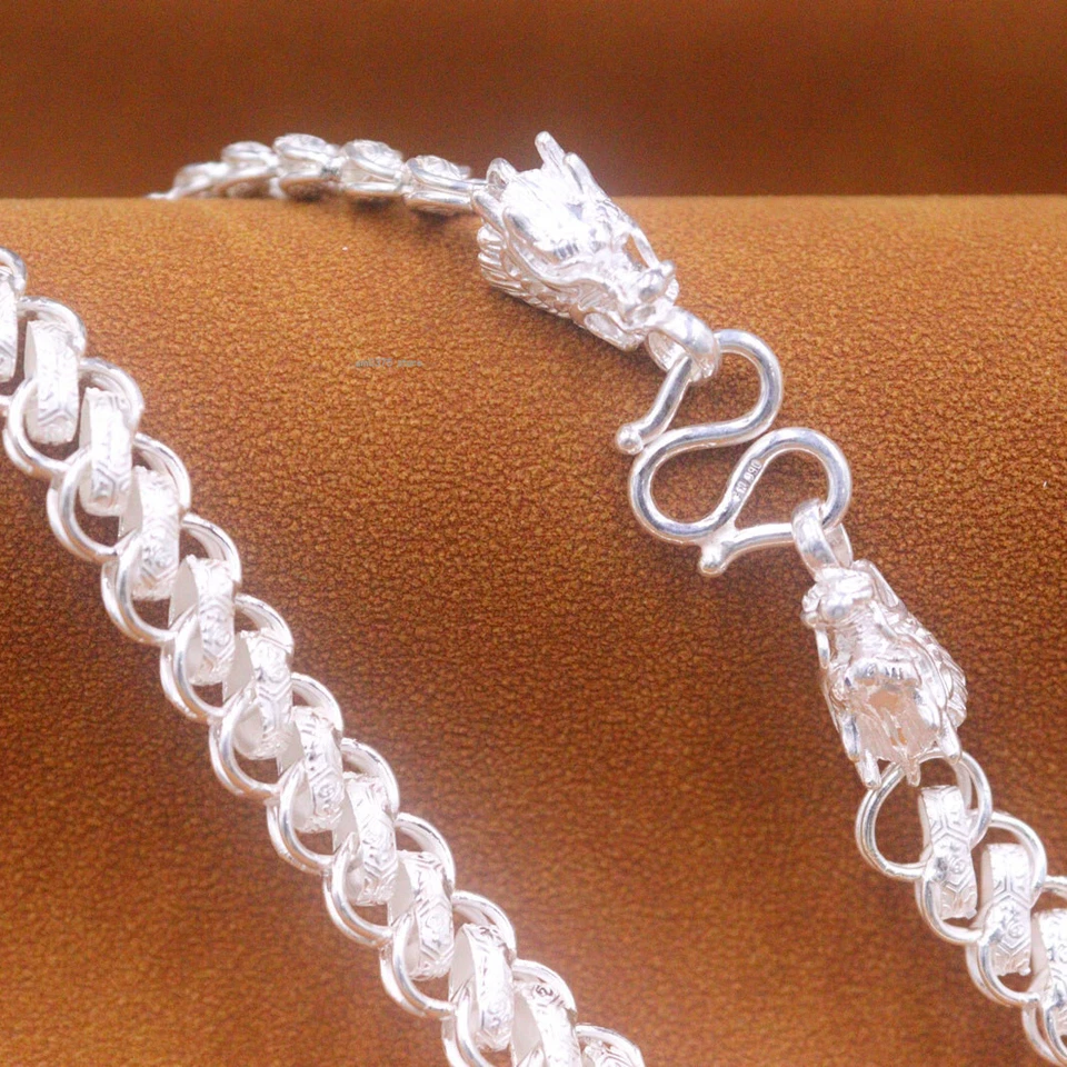 Collar de plata fina pura 999 para hombres y mujeres 9 mm tallado cabeza de dragón cadena de eslabones 22 pulgadas Foto 4 de 4