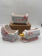 Vintage LEFTON Ceramic Baby Nursery Set of 3 Planters Japan Pastels Decor RARE