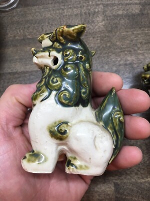 Vintage Chinese Set Of 2 Foo Dog-Fu Lion Green Glazed Ceramic