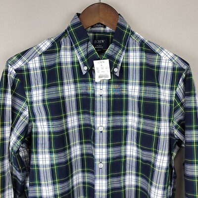 J Crew Shirt Mens Medium Blue Green Tartan Slim Untucked Flex Button Up Preppy