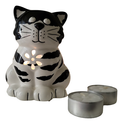 Kitty Cat Tealight Wax Warmer Black & White Ceramic with 2 Candles