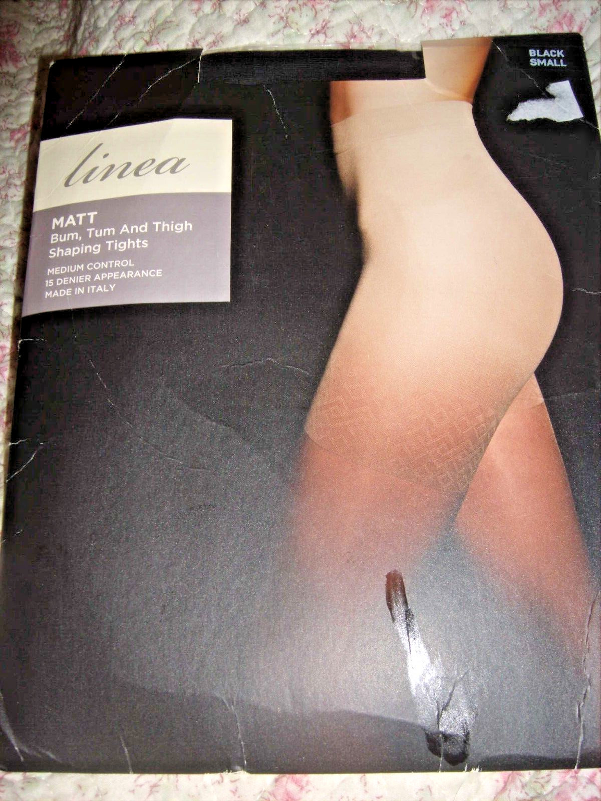 SIZE S LINEA MATT BUM TUM &THIGH SHAPING TIGHTS BLACK COTTON GUSSET NEW