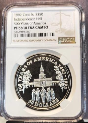 1992 COOK ISLANDS SILVER 50 DOLLARS INDEPENDENCE HALL NGC PF 68 ULTRA CAMEO TOP