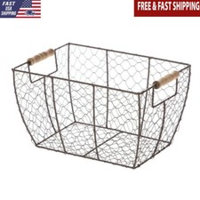 Wire Storage Basket 12.2x8x7.28 In Brown Livingroom Bathroom W/ 2 Wood Handles