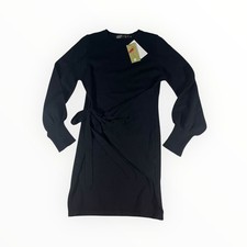 VTSGN Women's Black Knit Wrap Dress Long Sleeve Tie Waist Puff Sleeve L NWT