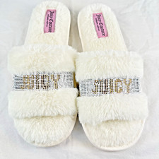 Juicy Couture Slide Slippers White Faux Fur Womens NEW Size XL 9.5-10.5 