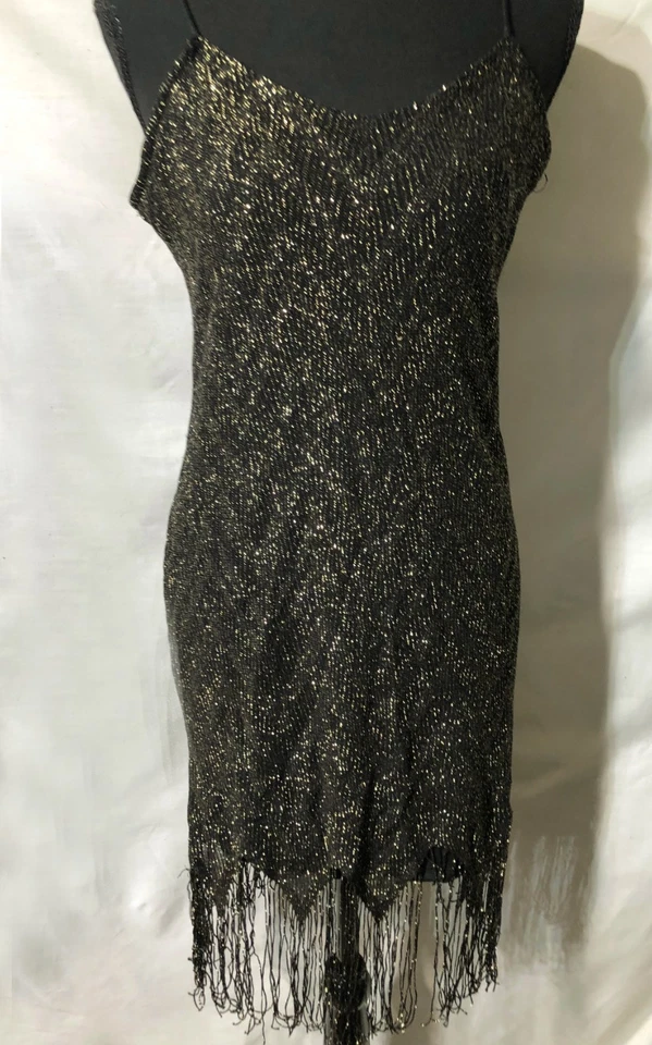 Vestido Vintage Flapper Negro Dorado Brillante con Flecos en la Parte Inferior Foto 2 de 4