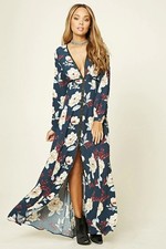 Forever 21 Womens Multicolor Floral Ribbon Grommet Long Sleeve Maxi Dress Large