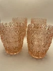 4 Vtg Jeanette Holiday Buttons and Bows Pink Depression 4” Flat Glasses