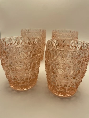 4 Vtg Jeanette Holiday Buttons and Bows Pink Depression 4” Flat Glasses