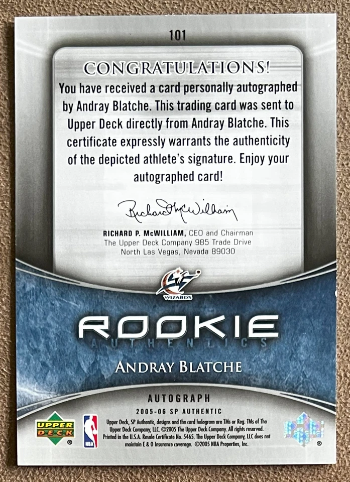 2005-06 SP Authentic Rookie Autograph Andray Blatche #101 Wizards /1299 Auto RC - Image 2 of 2