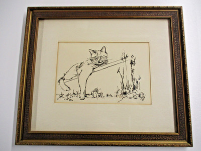 OOAK Cat Mice Mouse Drawing Sketch Style Framed Signed B. Coppin Vtg Antique