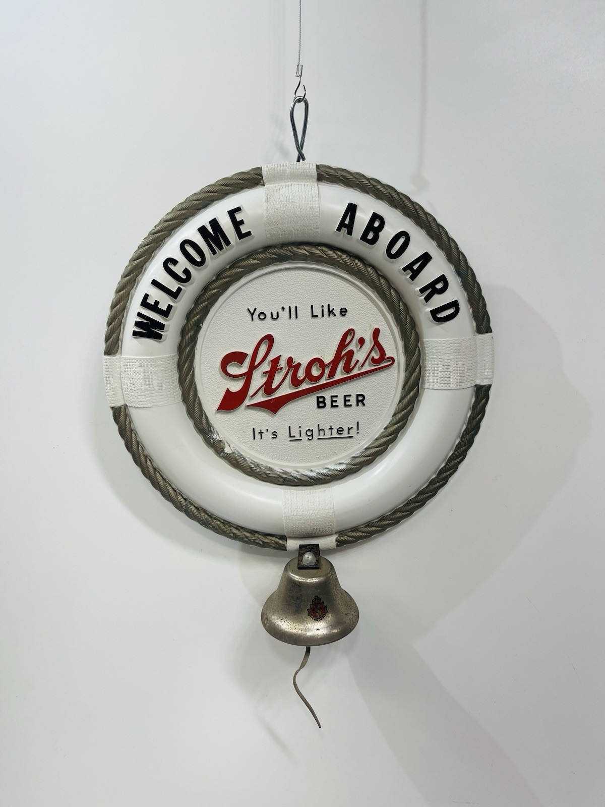 Vintage Stroh's Beer Welcome Aboard Nautical Life Preserver Bell Sign