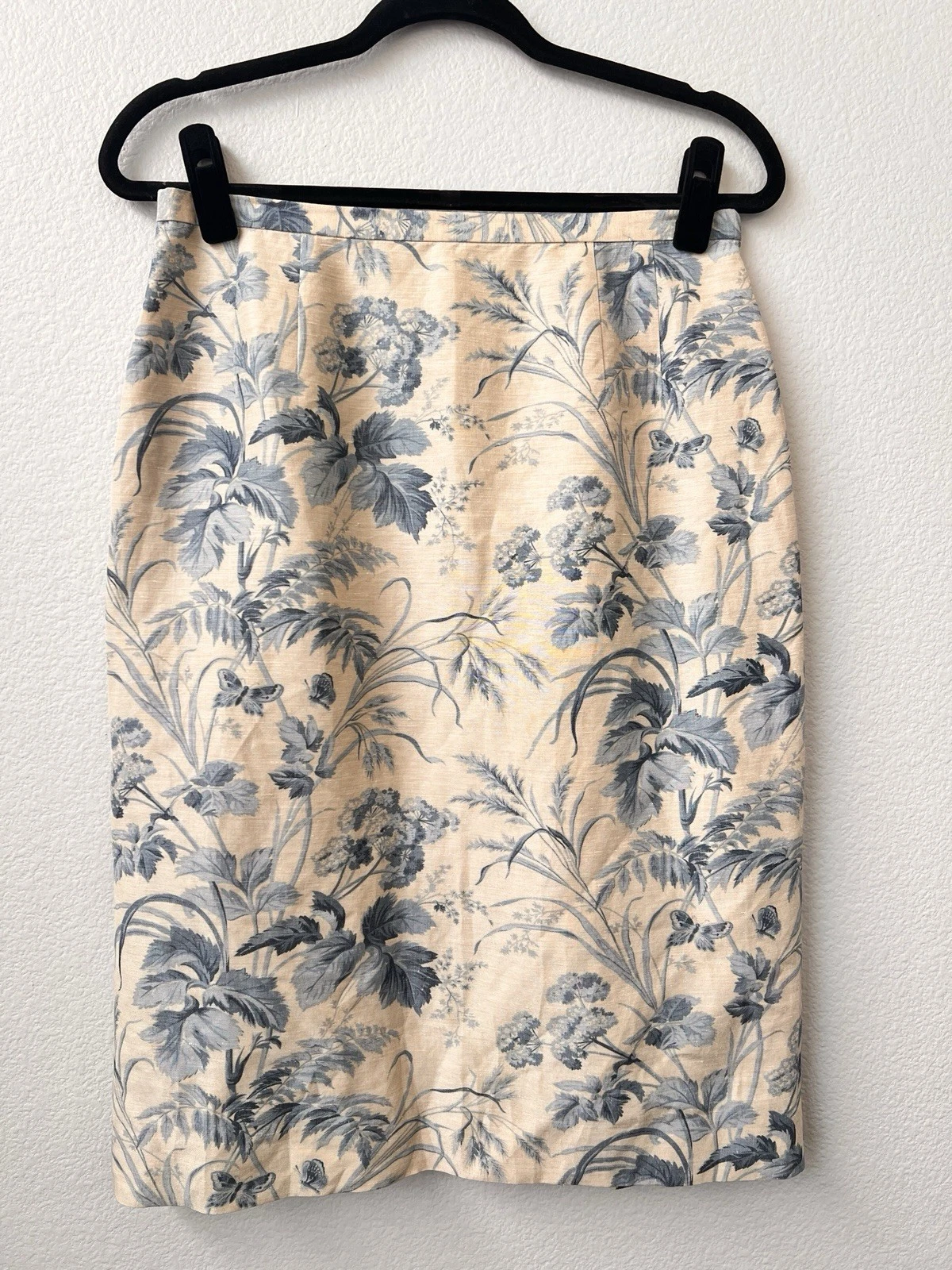 VTG Talbots Silk Linen Skirt Women’s 10P Toile Floral Blue Cream Pencil Midi