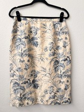 VTG Talbots Silk Linen Skirt Women s 10P Toile Floral Blue Cream Pencil Midi