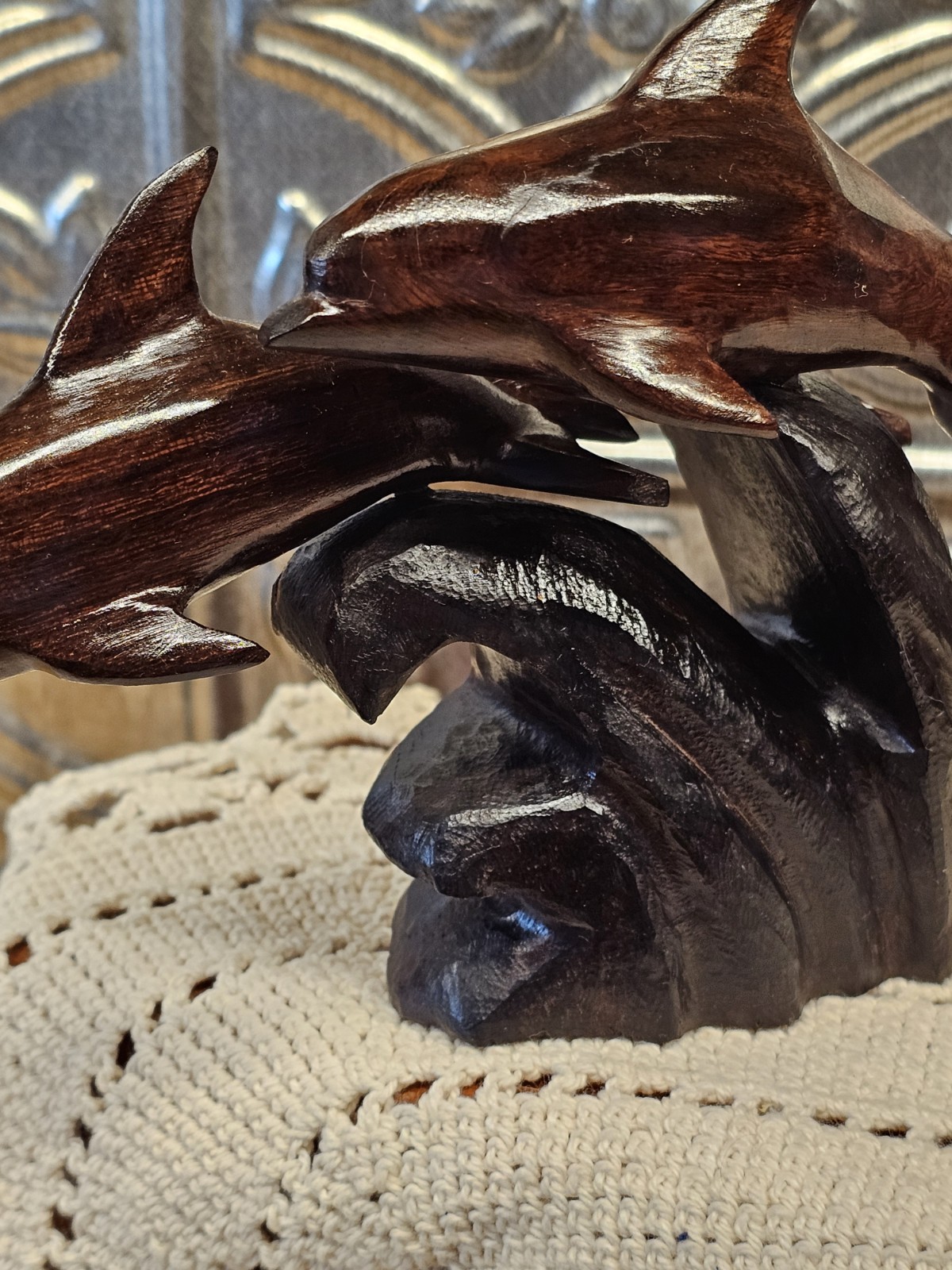 Trio Of Dolfins Riding A Wave, Ironwood Statue