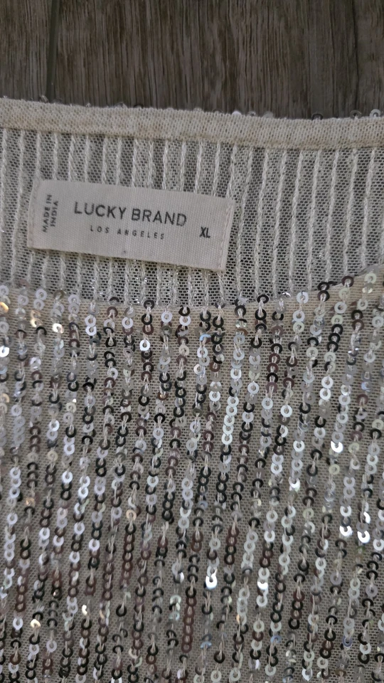 Pullover para mujer Lucky Brand XL súper lentejuelas brillante marfil plateado dorado LS Top Foto 3 de 4