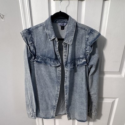 Vylette Women s XL Blue Denim Ruffle Button-Up Long Sleeve Collared Shirt