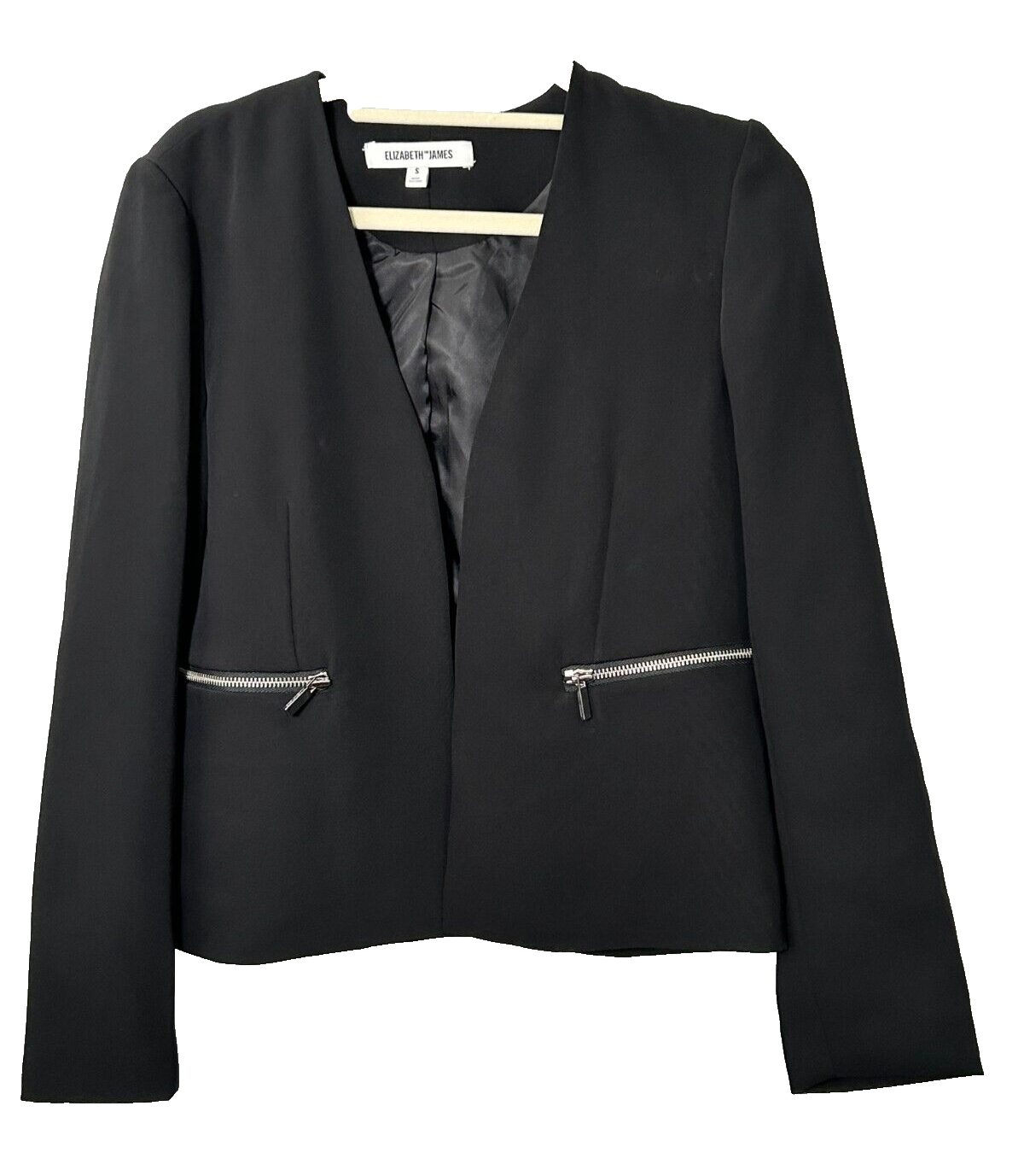 Elizabeth & James Women's Black Zipper Pocket Open Front Cropped Blazer Size S