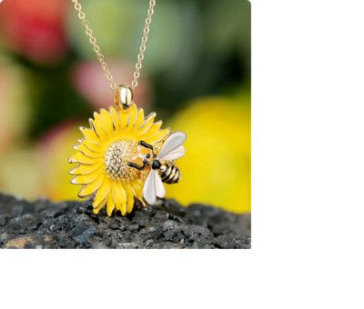 Large SUNFLOWER BEE  pendant GOLD plated charm 18K necklace 20'' women mom gift