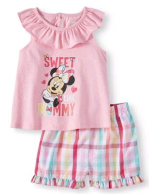 Disney Baby 2Pc Outfit  ''Sweet Like Mommy'' Pink Ruffled Top Plaid Shorts