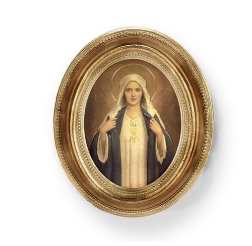 Immaculate Heart of Mary by Chambers Print In Gold Leaf Oval Frame 3-3/4"x4-1/2