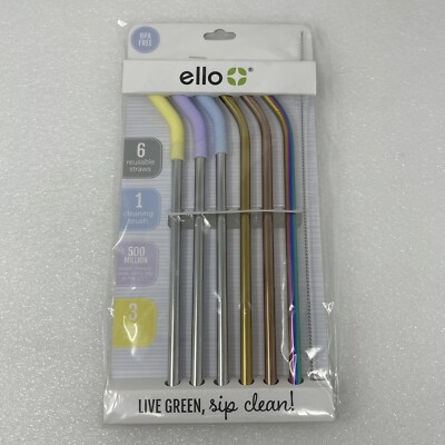 Ello 6 Pack Reusable Stainless Steel Straws with 3 Silicone Tip & Cleaning Brush