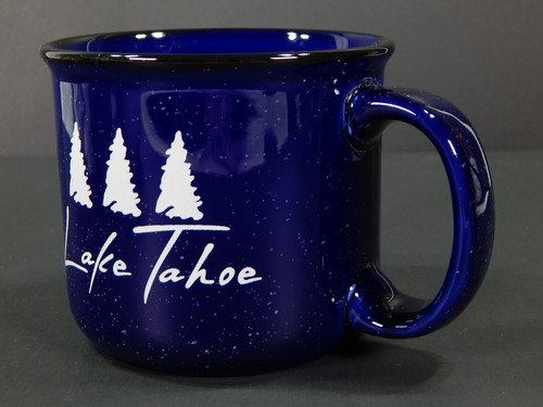 LAKE TAHOE TREES JUMBO CAMP STYLE CERAMIC COFFEE MUG CUP SPECKLED BLUE & WHITE - Picture 7 of 10