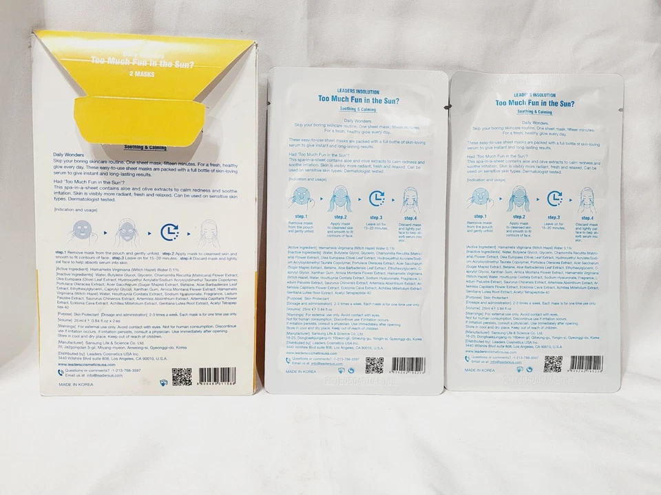 Leaders Insolution 2 MASCARILLAS Demasiada Diversión al Sol Calmante Piel Diaria Nuevo Foto 2 de 4
