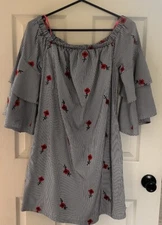 Betsey Johnson Blue & White Stripe Dress sz 6 Embroidered Red Flowers BxQ