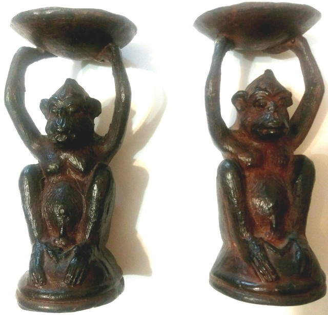 African Curios 2 Brass Monkeys holding trays 5in tall x 23/16in