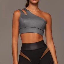 MICHI Tigress Longline Bra XS Gunmetal Gray One Shoulder Cut Out Logo Activewear