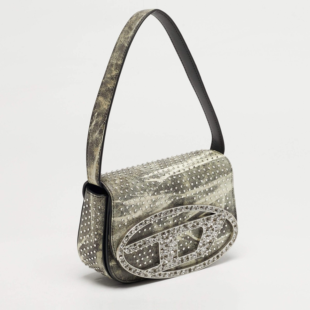Diesel Crystal Embellished 1DR Olive GreenWhite Leather Shoulder