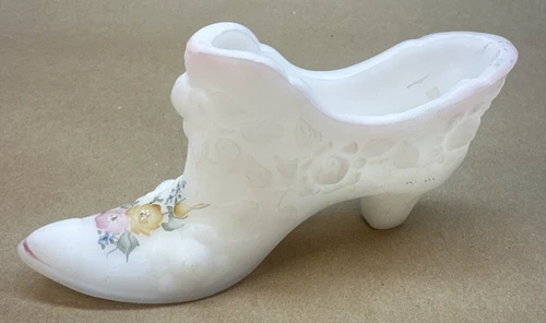 Fenton White Milk Glass Slipper Shoe Ornate Roses Vintage Signed